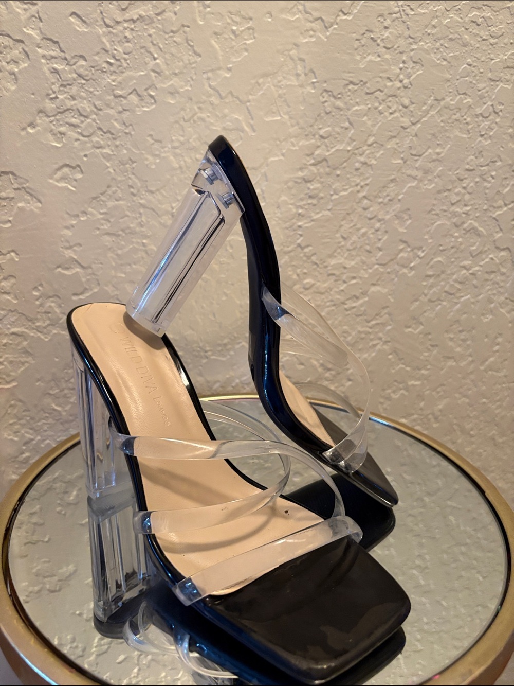 Wild Diva Black Sandals with Clear Straps and Lucite Block Heels